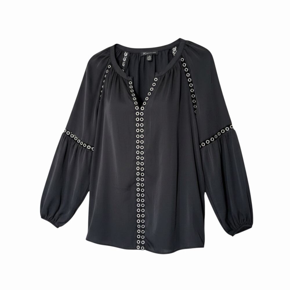 INC Int Concepts Grommet-Trim Peasant Top Black Blouson Loose Fit Sz L